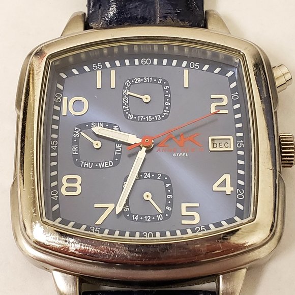 Anne Klein AK Navy Blue Day Date DOW 24-HR Red White Blue Square Face Watch